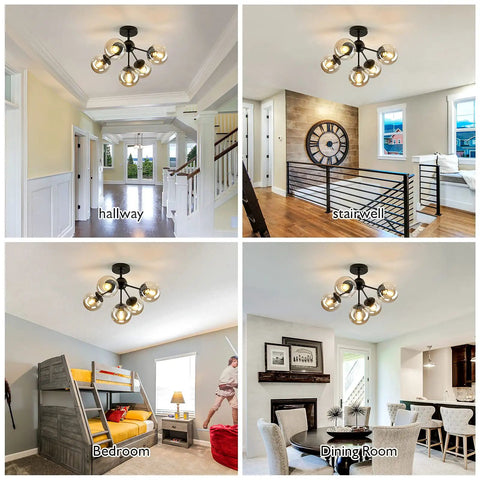 Modern Black Ceiling Light Fixture Semi Flush Mount Chandelier With Five Lights displayed in hallway, stairwell, bedroom, dining room.