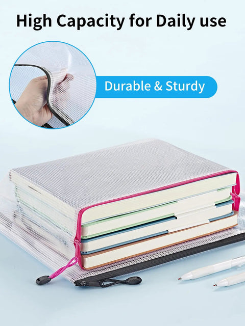 Must Have 18 Pack Mesh Pouches In 8 Sizes And Nine Colors Waterproof Zipper Bags holding stacked notebooks and pens