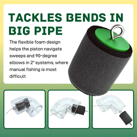 Dead Serious 2 Inch Conduit Mouse Piston 3 Pack Tough Foam Sealing Plugs for EMT IMC Rigid Pipe with green top, flexible design for bends.