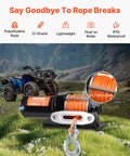 VEVOR 3500 Lb Electric Winch 12V DC For Boat Pickup Truck with 39 ft synthetic rope on ATV in outdoor setting.