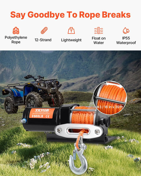 VEVOR 3500 Lb Electric Winch 12V DC For Boat Pickup Truck with 39 ft synthetic rope on ATV in outdoor setting.