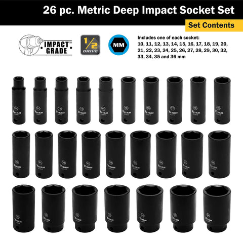 Half Inch Drive Deep Impact Socket Set 26 Piece, Metric Sockets, Chromemoly Construction, Laser Etched Size Markings, 10-36mm