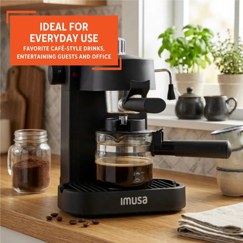 Electric Espresso Cappuccino Maker With Milk Frother, 4 Cup Capacity, Black Coffee Machine on kitchen countertop