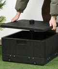 Person lifting lid of 2 In 1 Outdoor Umbrella Base Planter Box With Drain Hole Heavy Duty Fillable Stand Table On Wheels