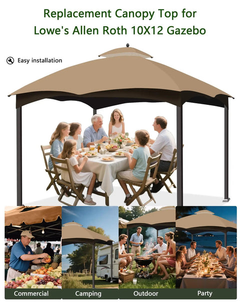 Heavy Duty 10x12 Gazebo Replacement Canopy Top With Air Vent, 300D Polyester PA Coated, shown installed on a gazebo with people dining