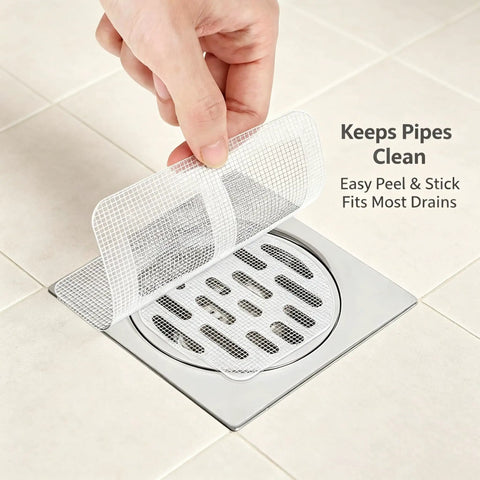 50 Pcs Disposable Shower Drain Hair Catcher 3.94" ES Square Drain applied over a shower drain for hair protection.