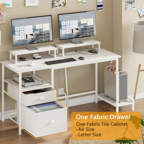 47 Inch Computer Desk With File Cabinet And Built In Power Outlets, USB Chargers, Dual Monitor Stands, Storage Drawer, Shelves And Hooks