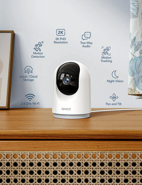 2K Indoor Security Cam Bundle 4-Pack, 360-Degree Motion Detection For Pets And Baby, Two-Way Audio device on wooden desk