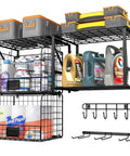Heavy Duty Garage Wall Shelf With Wire Baskets, Tool Rack And Hooks, Durable Wall Mounted Storage for home and garden use