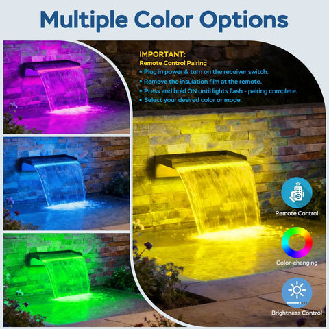 All-In-One Pond Waterfall Kit With LED Light, 18-Inch Stainless Steel Spillway, showing multiple color options