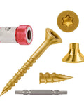 Two Hundred Pack Size Six By One Inch Yellow Flat Head Deck Screws T10 Torx Drive with driver and accessories.