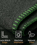 Close-up of Go-To Rugged Wool Camping Blanket 70 Percent Wool, Fire Retardant with green lock-stitch edge and icons for features