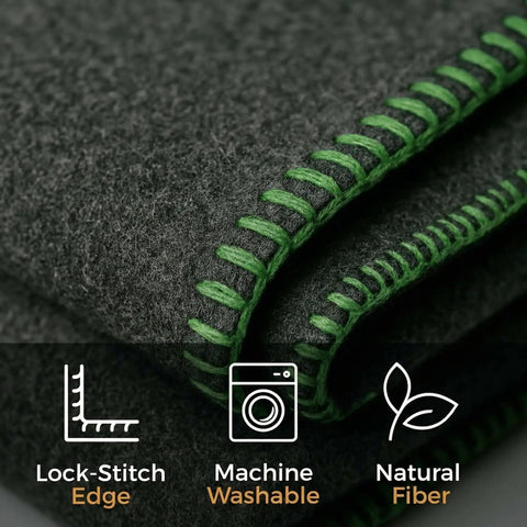 Close-up of Go-To Rugged Wool Camping Blanket 70 Percent Wool, Fire Retardant with green lock-stitch edge and icons for features