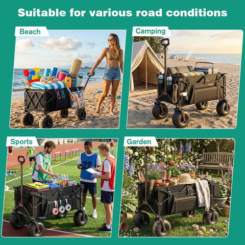 Heavy Duty Beach Wagon With 9 Inch Balloon Wheels, 550 Lb Capacity, Foldable Beach Cart With Adjustable Handle in use