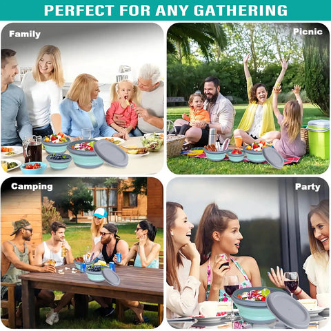 Collapsible Silicone Bowls Set Of 3 With Lids BPA Free Food Grade Camping Dinnerware for family, picnic, camping, and party events.