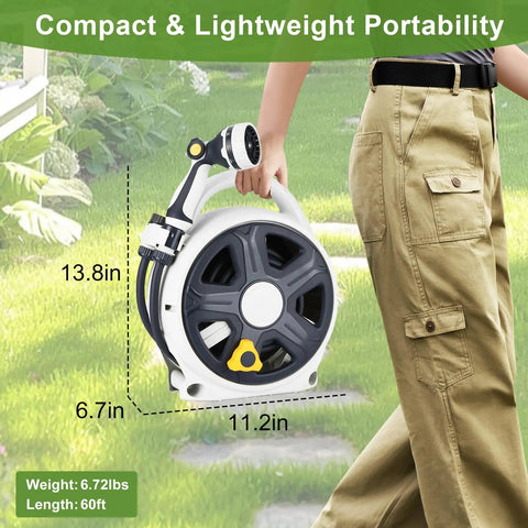 Person carrying Workhorse Retractable Garden Hose Reel With 60 Ft 1/2 Inch Hose And 10 Pattern Sprayer, compact design