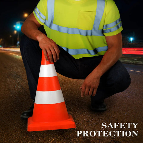 Six Pack Of XL High Visibility Reflective Safety T Shirts Breathable Yellow Unisex Workwear worn by a crouching person at night