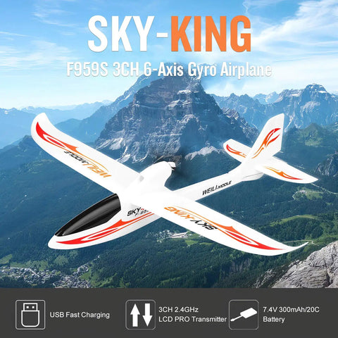 Three Channel RC Airplane For Adults And Beginners, Sky King Inspired Fighter Glider With 2.4GHz 6 Axis Gyro Stabilizer over mountain view