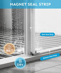 Frameless Sliding Shower Door 48x72 Inches With 1/4 Inch Tempered Glass showing magnet seal strip with wet and dry areas