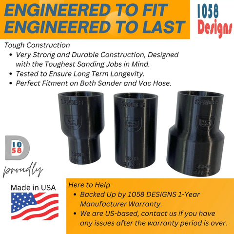 Universal Sander Vacuum Adapter 1-1/4 Inch Hose for Dust Collection showing three black adapters, durable construction.