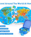 Hands-On World Map Puzzle For Kids Ages 4-8, 100 Piece Floor Puzzle partially assembled with continents and landmarks, open storage box