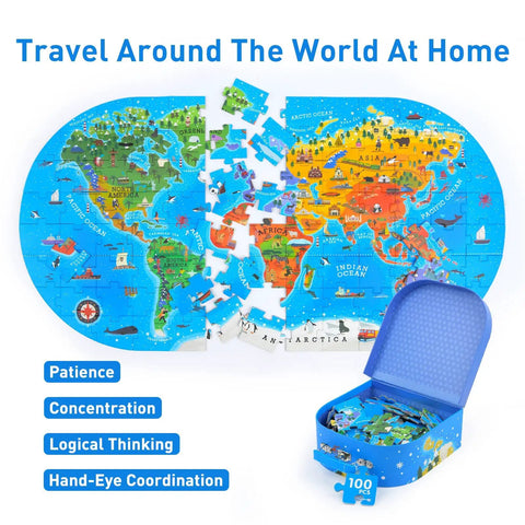 Hands-On World Map Puzzle For Kids Ages 4-8, 100 Piece Floor Puzzle partially assembled with continents and landmarks, open storage box