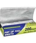 Pro Grade Aluminum Foil Sheets 12x10.75 Pop Up Box Dispenser showing open foil sheet and packaging for restaurant quality wrapping
