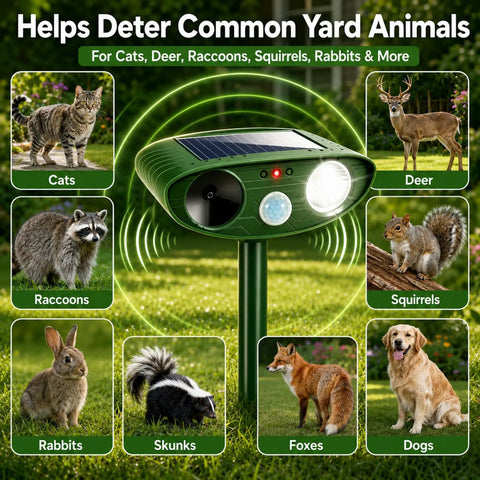 4 Pack Solar Ultrasonic Animal Deterrents With PIR Motion Sensor, Waterproof Outdoor Yard Deterrents For Deer, Raccoons, Squirrels, Cats, Rabbits, Skunks And Foxes That Scare Off Pests With LED Alerts No Fuss Setup on lawn