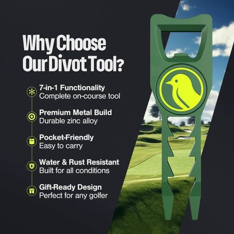 Seven In One Metal Golf Divot Tool With Magnetic Ball Marker And Tee Height Setter Includes Bottle Opener Groove Cleaner Putting Alignment And Club Tee A Durable Green Accessory Gift For Men And Women