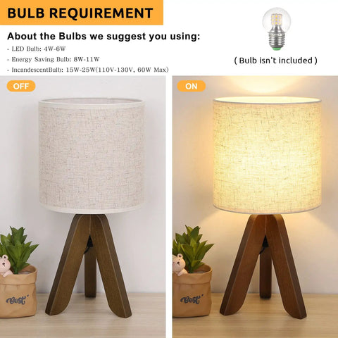 Wooden Tripod Table Lamp with Brown Base and Linen Fabric Shade, turned off and on, for Bedroom Kids Room Nursery or Dorm