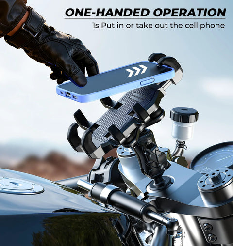 Motorcycle Fork Stem Phone Mount With Vibration Dampener And Anti Shake For A Rock Solid Grip One-Handed Operation shown installed.