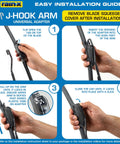 Rain-X windshield wiper blade installation guide showing four panels with J-hook arm adapter steps.
