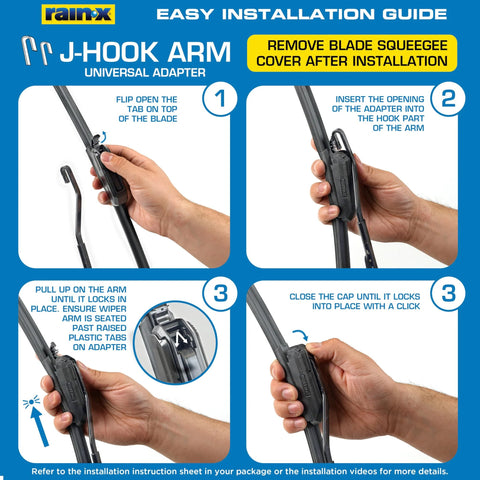 Rain-X windshield wiper blade installation guide showing four panels with J-hook arm adapter steps.