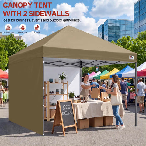 Boss Level 8X8 Pop Up Canopy Tent With Two Full Sidewalls For All Weather Shade Rock Solid Khaki Frame at an outdoor market.