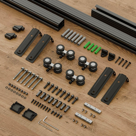 Eight Foot Double Barn Door Hardware Kit With Sliding Box Rail Ceiling Mount For Exterior And Interior Doors
