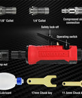 WORKPRO 1/4-inch pneumatic straight die grinder with red body and 1/4in/1/8in collets; two chuck keys visible