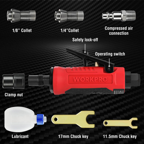 WORKPRO 1/4-inch pneumatic straight die grinder with red body and 1/4in/1/8in collets; two chuck keys visible