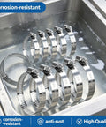Heavy Duty 10 Pack Of Stainless Steel Worm Gear Hose Clamps Assortment Kit For Radiator Fuel Line Auto Plumbing And Home Fixes With Smooth Edge Protection That Stands Tough Against Rust Water Or Oil., 304 stainless steel hose clamps soaking in water