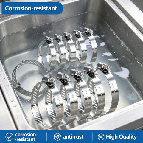 Heavy Duty 10 Pack Of Stainless Steel Worm Gear Hose Clamps Assortment Kit For Radiator Fuel Line Auto Plumbing And Home Fixes With Smooth Edge Protection That Stands Tough Against Rust Water Or Oil., 304 stainless steel hose clamps soaking in water
