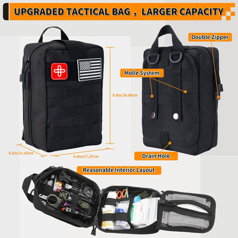 252 Piece Survival Gear Kit With Compact First Aid Case featuring MOLLE system and interior layout for emergencies