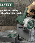 Job Ready 4.5 Inch Diamond Blades For Angle Grinders 2 Pack Featuring Heavy Duty Segmented Turbos For Crisp Concrete Stone Brick And Granite Cuts Dry Wet Operation, shown cutting concrete block.