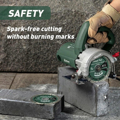 Job Ready 4.5 Inch Diamond Blades For Angle Grinders 2 Pack Featuring Heavy Duty Segmented Turbos For Crisp Concrete Stone Brick And Granite Cuts Dry Wet Operation, shown cutting concrete block.