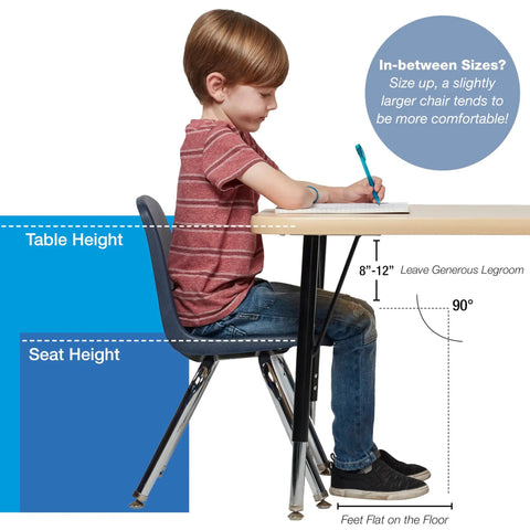 Child sitting on 12 Inch School Stack Chair Two Pack Kid Friendly Durable Stackable Student Seat With Chromed Steel Legs And Non Marring Swivel Glides