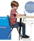 Child seated on Durable Ten Inch School Stack Chairs Set Of Two For Kids With Chrome Steel Legs And Self Leveling Swivel Glides