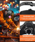 Big Screen Welding Mask With True Color Solar Auto Dimming And Color Changing Shield For Grinding Welder Head Mounted Pro Grade Adjustable Fit Durable PC Shell High Light Transmission For Clear Vision in use by a welder, showcasing breathable tape and headband buckle features.