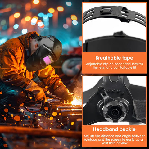 Big Screen Welding Mask With True Color Solar Auto Dimming And Color Changing Shield For Grinding Welder Head Mounted Pro Grade Adjustable Fit Durable PC Shell High Light Transmission For Clear Vision in use by a welder, showcasing breathable tape and headband buckle features.