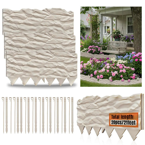 Heavy Duty Plastic Garden Edging Border Kit With 20 Ft Flexible No Dig Borders And 20 Anchoring Stakes For Lawn Pathways And Flower Beds Tool Free Installation Wind Resistant And Low Maintenance shown with components and garden scene