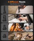 MegaFlow 50 Compressed Air Duster with 110000 RPM Turbo Power showing four nozzles used for cleaning car seats, camping gear, and pet fur.