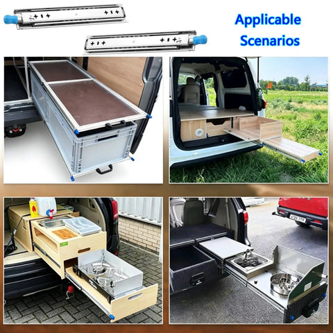 Beefy Drawer Slides With Lock And Soft Close Full Extension Ball Bearing Detachable Sides For Cabinets And Tool Chests Fits 300mm 500mm Or 950mm Length 1 Pair, installed in RV and truck setups for kitchen utility drawers.