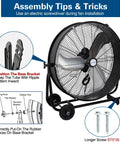 Industrial Drum Fan 8100 CFM High Velocity assembly instructions with fan parts and screws illustration